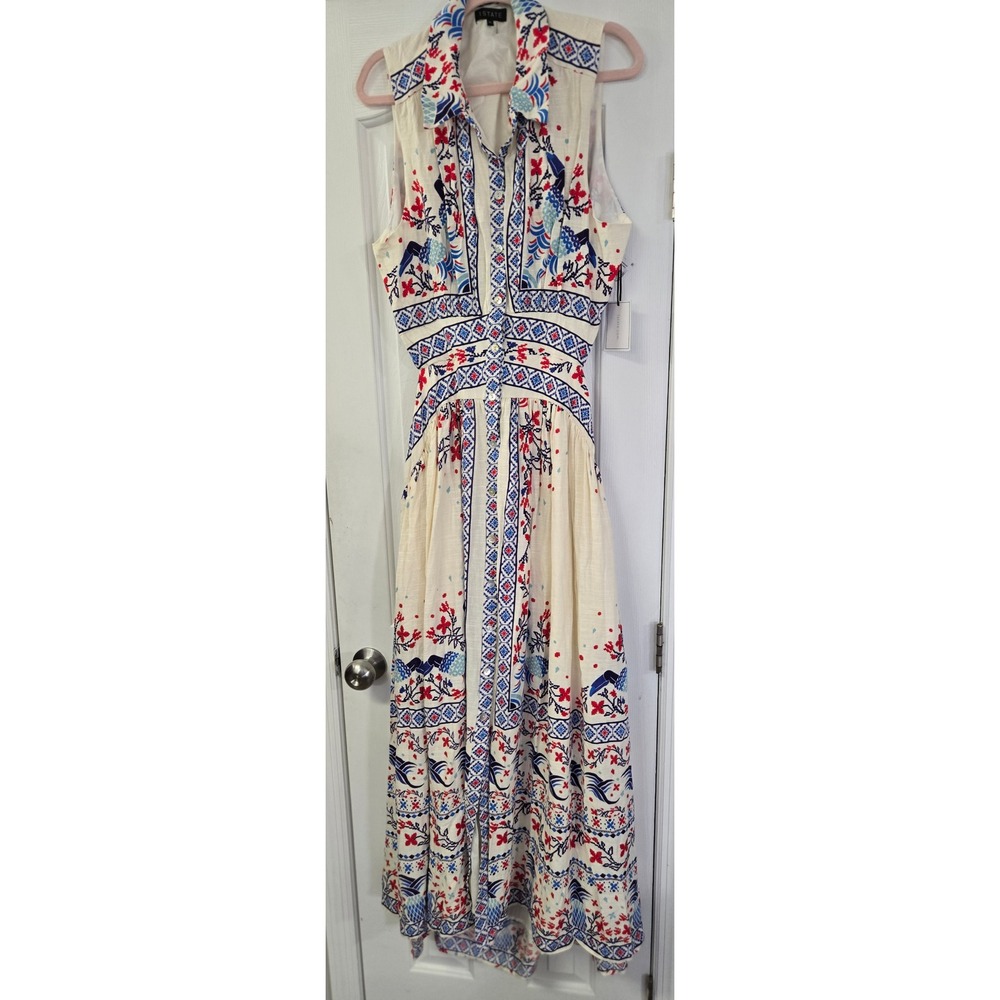 1 STATE Rayon Linen XL Geometric Floral Button Down Open Back Maxi Dress Cream